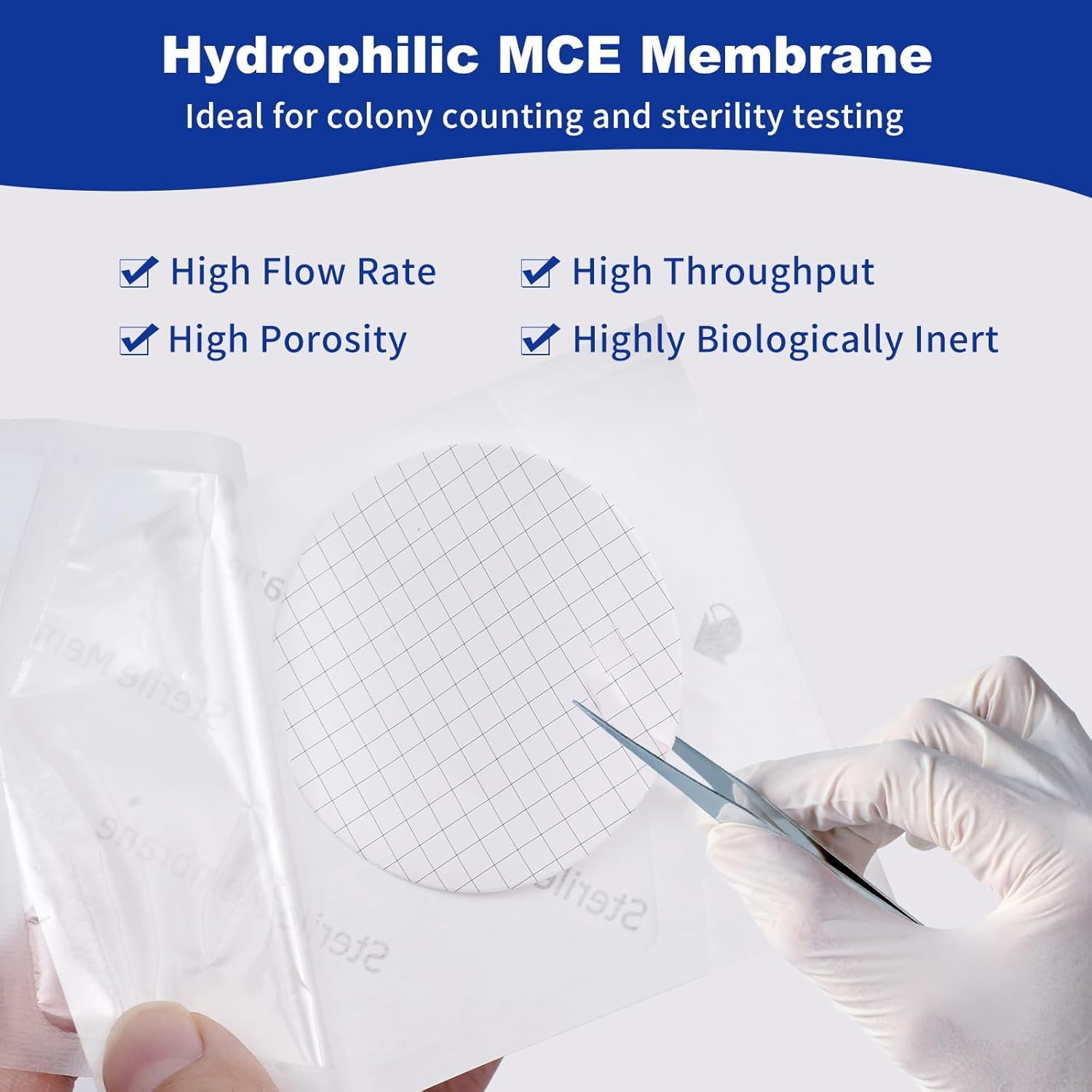 MCE Gridded Membrane Filter, Mixed Cellulose Esters Membrane Filter, Sterile Individual Pack Membrane Disc Filter, Diameter: 47 mm, Pore Size: 0.45 um, Pack of 100