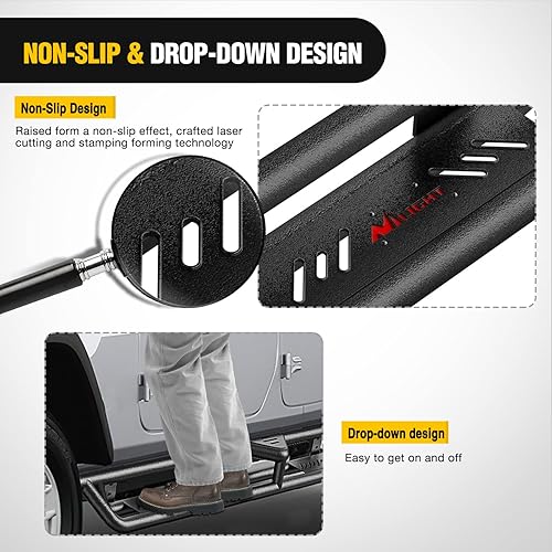 Miniatura 5 de Nilight Estribos para Gladiator (JT) 2020 2021 2022 2023 2024 de 4 Puertas, Escalón Lateral de Doble Etapa con Textura Negra, Recubrimiento en