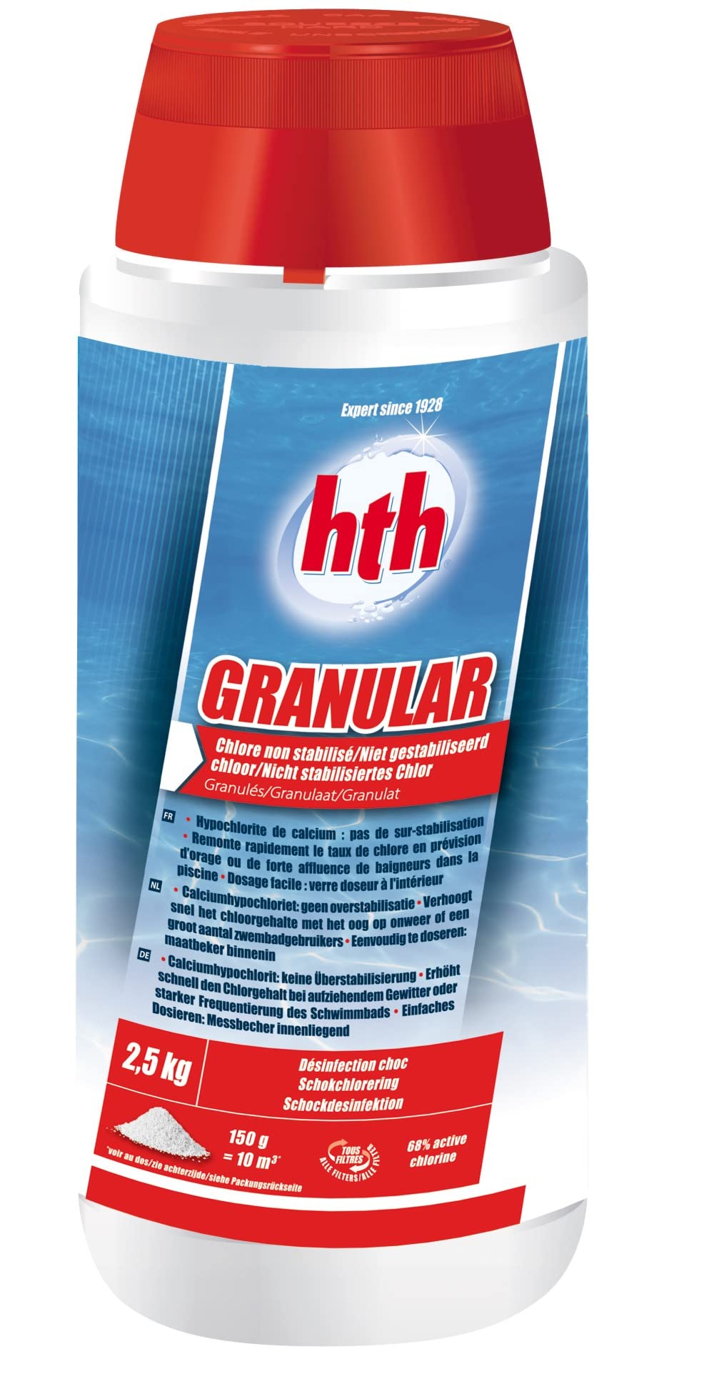 HTH GRANULAR Granulés - 2,5kg | Chlore Choc Non Stabilisé - Désinfection Choc - Hypochlorite de Calcium à Dissolution Rapide + 10 Tests HPS OFFERTS 6 en 1
