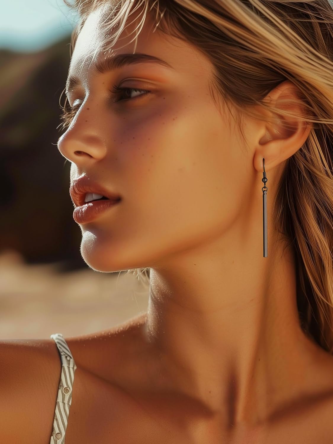 FOCALOOK Long Vertical Bar Dangle Earrings for Women Hypoallergenic 14K Gold Plated/Black/Silver Circle Hoop Bar Drop Earrings (With Gift Box) - Image 3