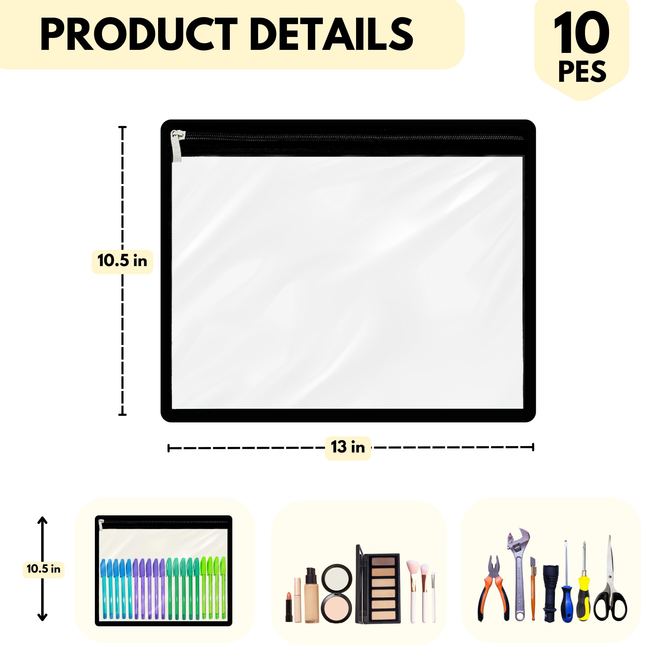 Confezione da 10 sacchetti trasparenti con cerniera, in PVC, multiuso, per organizzare documenti, forniture per ufficio (nero, 33 x 25 cm)