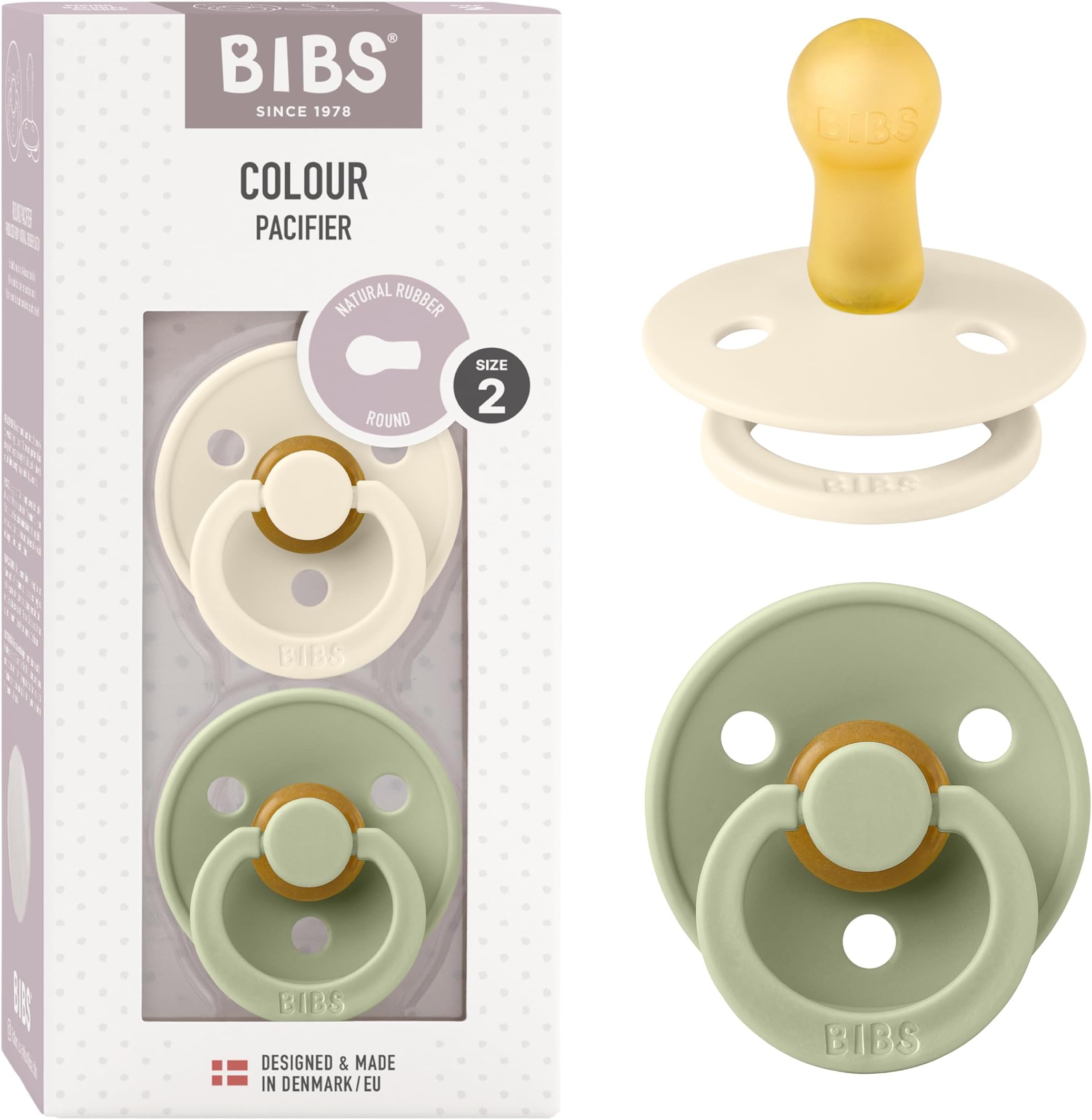 BIBS Colour Soother 2-Pack, BPA Free Dummy Pacifier, Round Nipple. Natural Rubber Latex, Size 2 (6-18 Months), Ivory/Sage