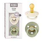 BIBS Pacifiers Colour Collection | Natural Rubber Baby Pacifier | Round Nipple | Set of 2 BPA-Free Soothers | Made in Denmark | 0+ Months (Pack of 2) | Sage/Ivory
