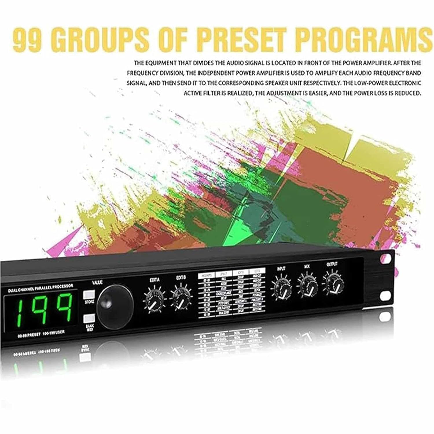 Reverberación Digital Profesional, Ecualizador De Procesador De Audio Profesional, Procesamiento De Señal Programable Preestablecido De 24 bits, 99 Programas Preestablecidos, Memoria para 199