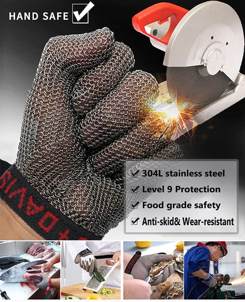 Cut Resistant Gloves Rękawice Rzeźnicze Odporne Na Przecięcie, Rękawice Kolczugowe Ze Stali Nierdzewnej, Ochronne Rękawice Robocze Z Nylonowymi Paskami Na Nadgarstki (Size : 1PCS/XS)