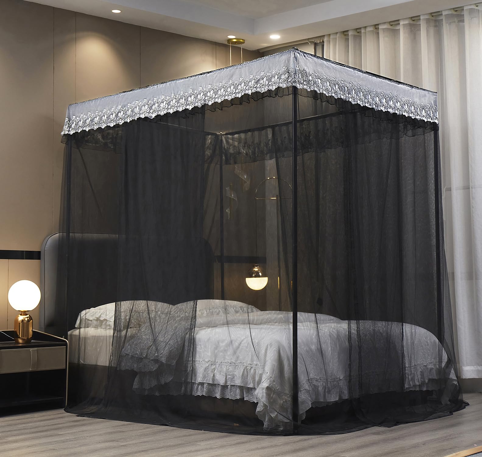Mengersi 4 Corners Post Canopy Bed Curtains Bed Canopy Curtains-Layer Cozy Drape Netting 4 Opening Mosquito Net for Girls Adults Bedroom Decoration (Full,Black)