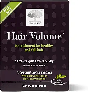 NEW NORDIC Hair Volume Tablets | 3000 mcg Biotin & Biopectin Apple Extract | Supports Natural Hair Growth for Thicker, Fuller Hair | Men and Women | 90 Count (Pack of 1)