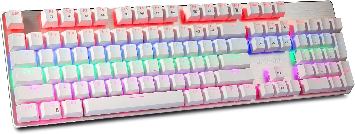 JAR-OWL J1 Anti-ghosting 104Keys Wired Gaming Keyboards LED Backlit Wired USB Mechanical Gaming Keyboard with Blue Switches (White/Gold)