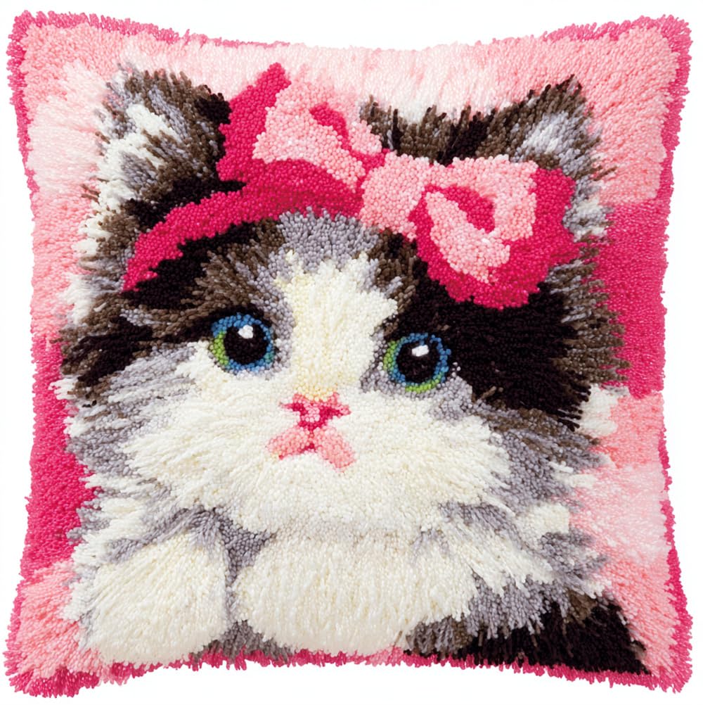 Taxpy Pink Animal Latch Hook Cushion Kit, Cute Kitten With A Bow Knitting Kits Cushion, 43X43cm/17X17 Inch Rug Making Kit For Starters, Latch Hook Kits For Beginners Adults Or