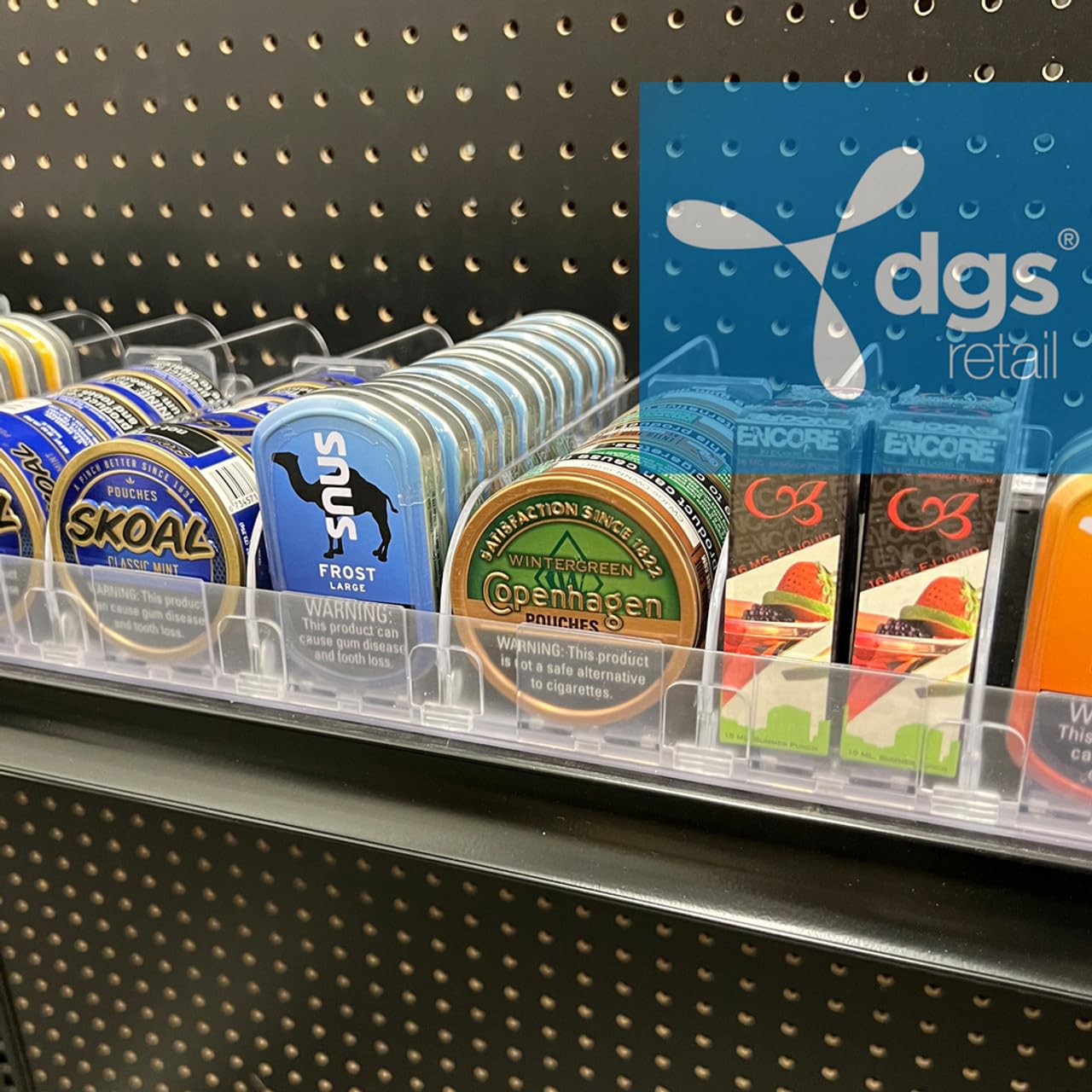 DGS Retail Gondola Shelf Management System with Black Gondola Shelf, Spring Loaded Shelf Pushers and Acrylic Plastic Dividers 47.8