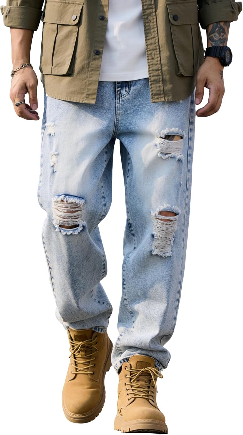 Men's Baggy Ripped Jeans Relaxed Fit Distressed Denim Pants with Tapered Narrow Cuffs Streetwear Hip Hop Y2K Jeans