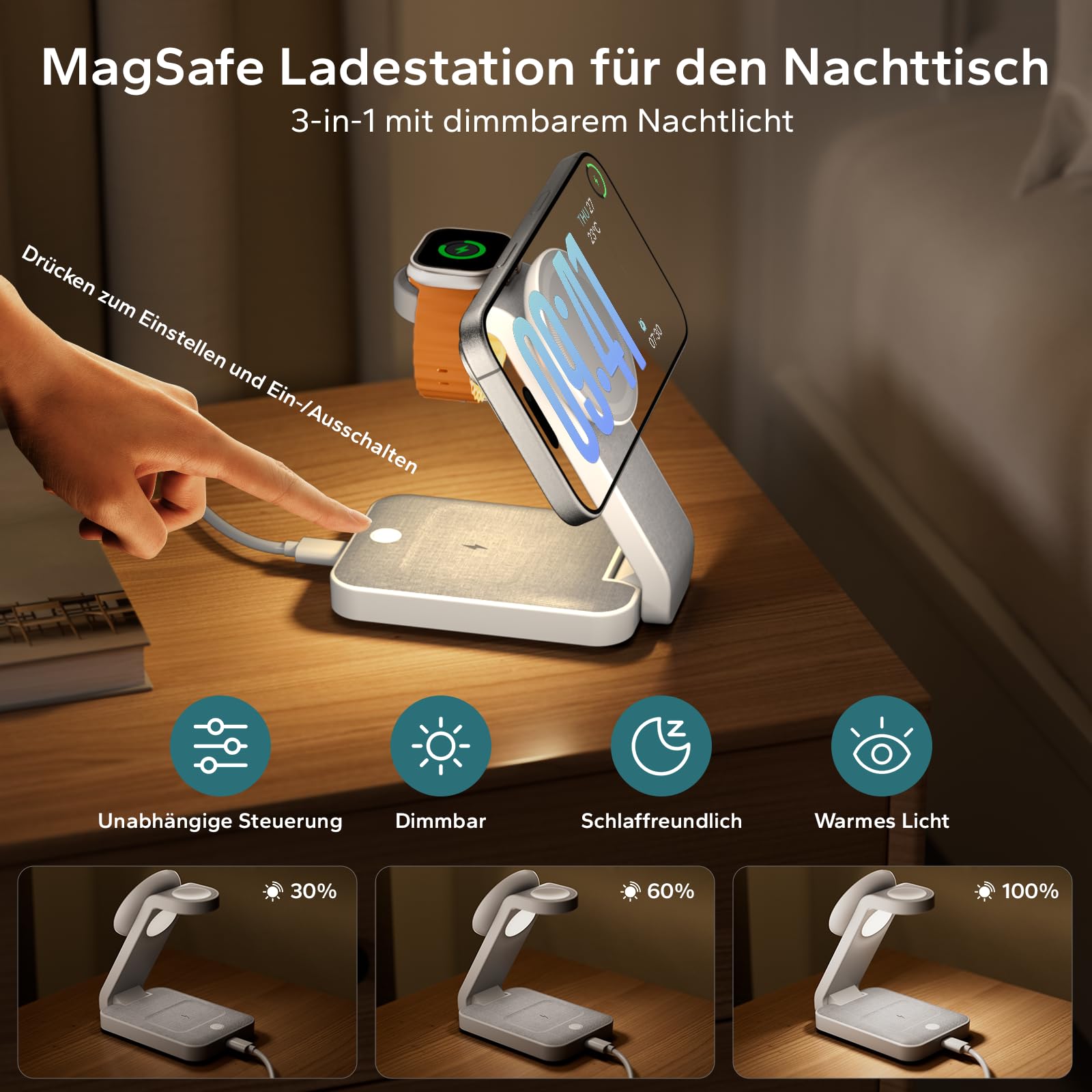 eazpower Magsafe - Estación de Carga para Apple Watch y iPhone 3 en 1, Plegable, estación de Carga inalámbrica para iPhone, Cargador Magsafe para múltiples Dispositivos, portátil y portátil
