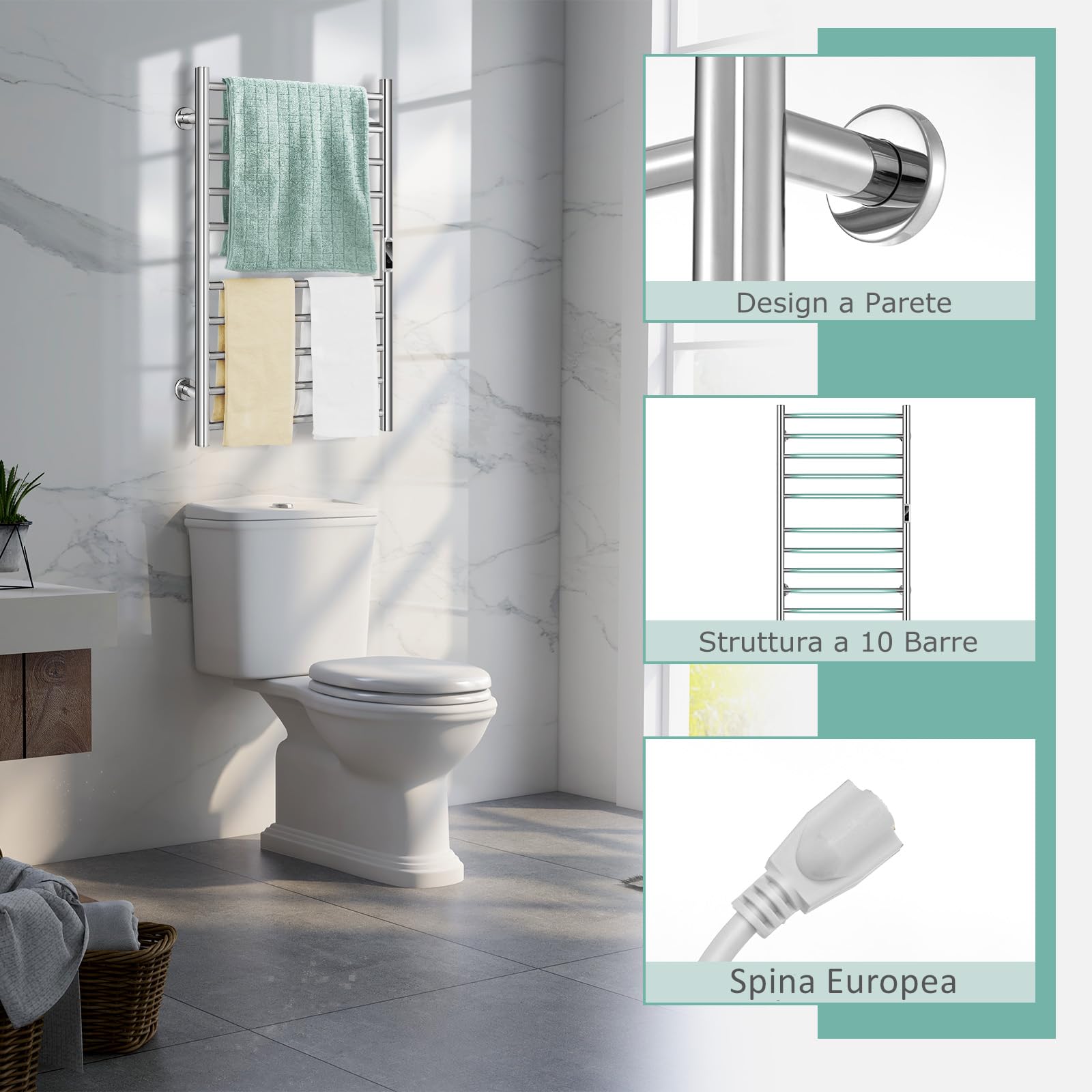 GYMAX Scaldasalviette Elettrico a Parete, Porta Asciugamani in Acciaio Inox, Riscalda 30-60 °C, Timer, Include Accessori a Parete, 53 x 11 x 86 cm