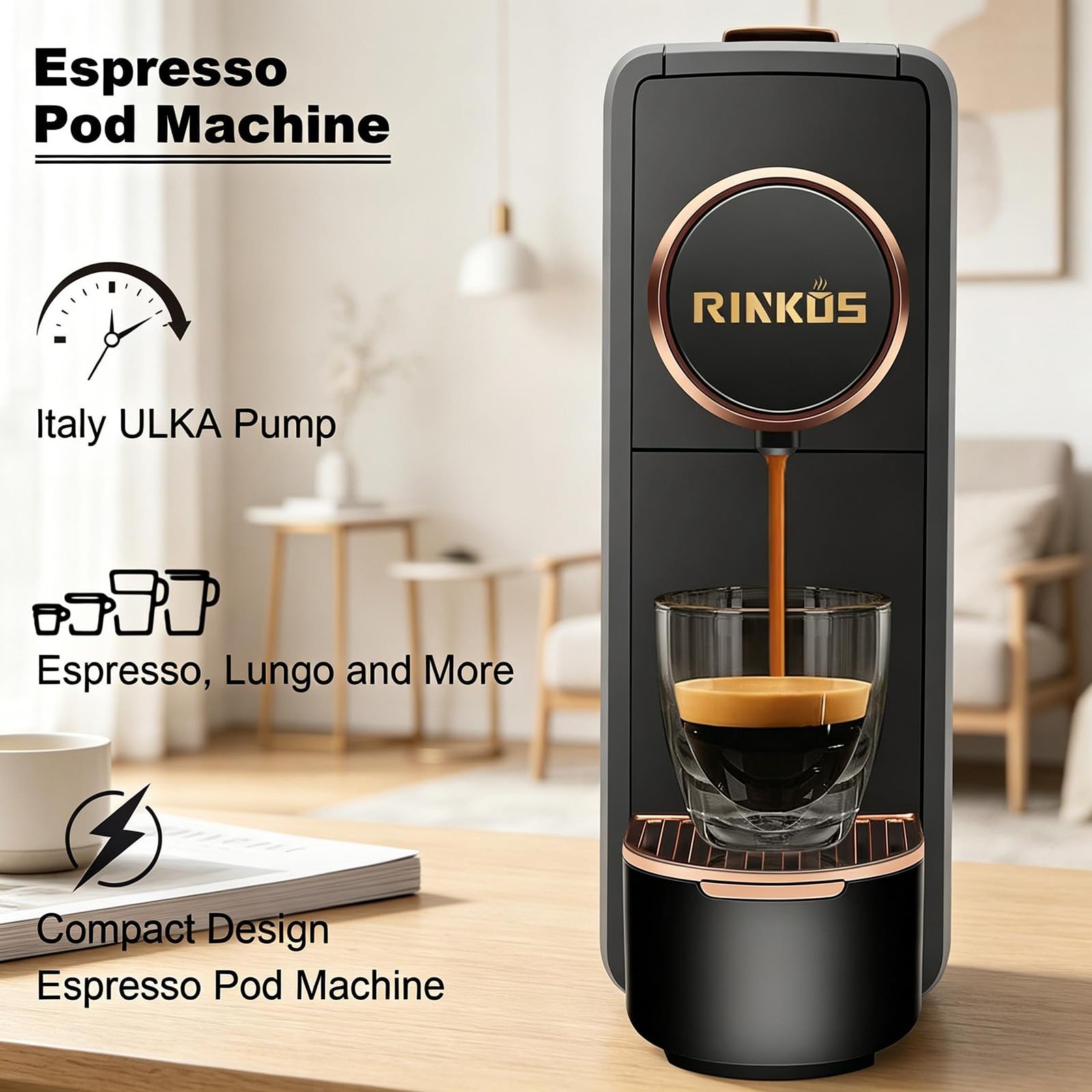 Máquina de café espresso negra para cápsulas compatibles con Nespresso, cafetera de una sola porción programable para cápsulas de expreso, bomba de alta presión italiana de 20 barras, mini
