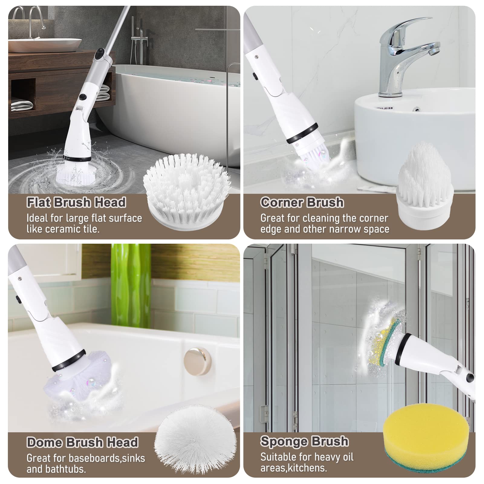 Kavolet Cepillo de limpieza eléctrico con mango ajustable, juego de mopa, 4 cabezales de cepillo, batería de 4000 mAh para cocina, baño, pared, ventana, suelo