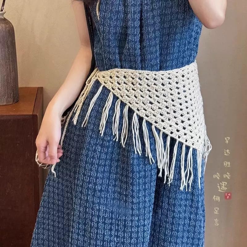 Crochet Bandanas Headbands Beige Vintage Boho Hair Scarf with Tassel Hippie Head Kerchief Knitted Triangle Tie Back Headscarf Hair Accessories for Women Girls Daily Outfit Festival Gift image 5