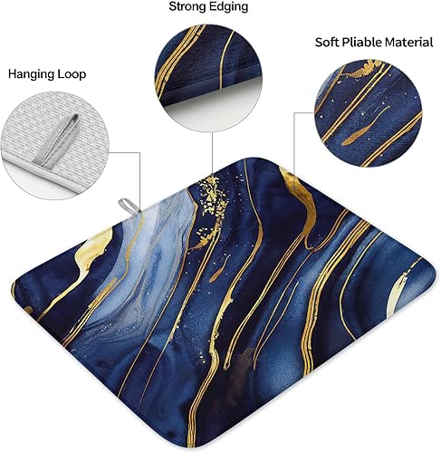 Miniatura 2 de Tapete de secado de platos de mármol azul marino y amarillo para encimera de cocina, pintura de tinta moderna, arte abstracto, almohadilla de secado