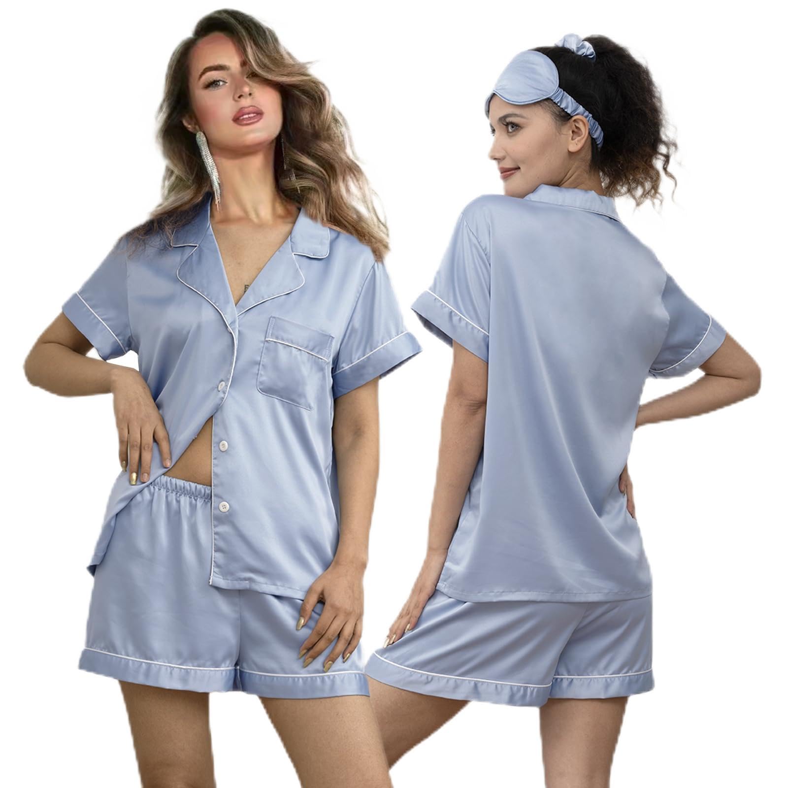 5Pcs Womens Soft Satin Pajama Set XS-4XL Button-Down Silk Pajamas Floral Sleepwear Bridal Pjs Lounge Pj Sets