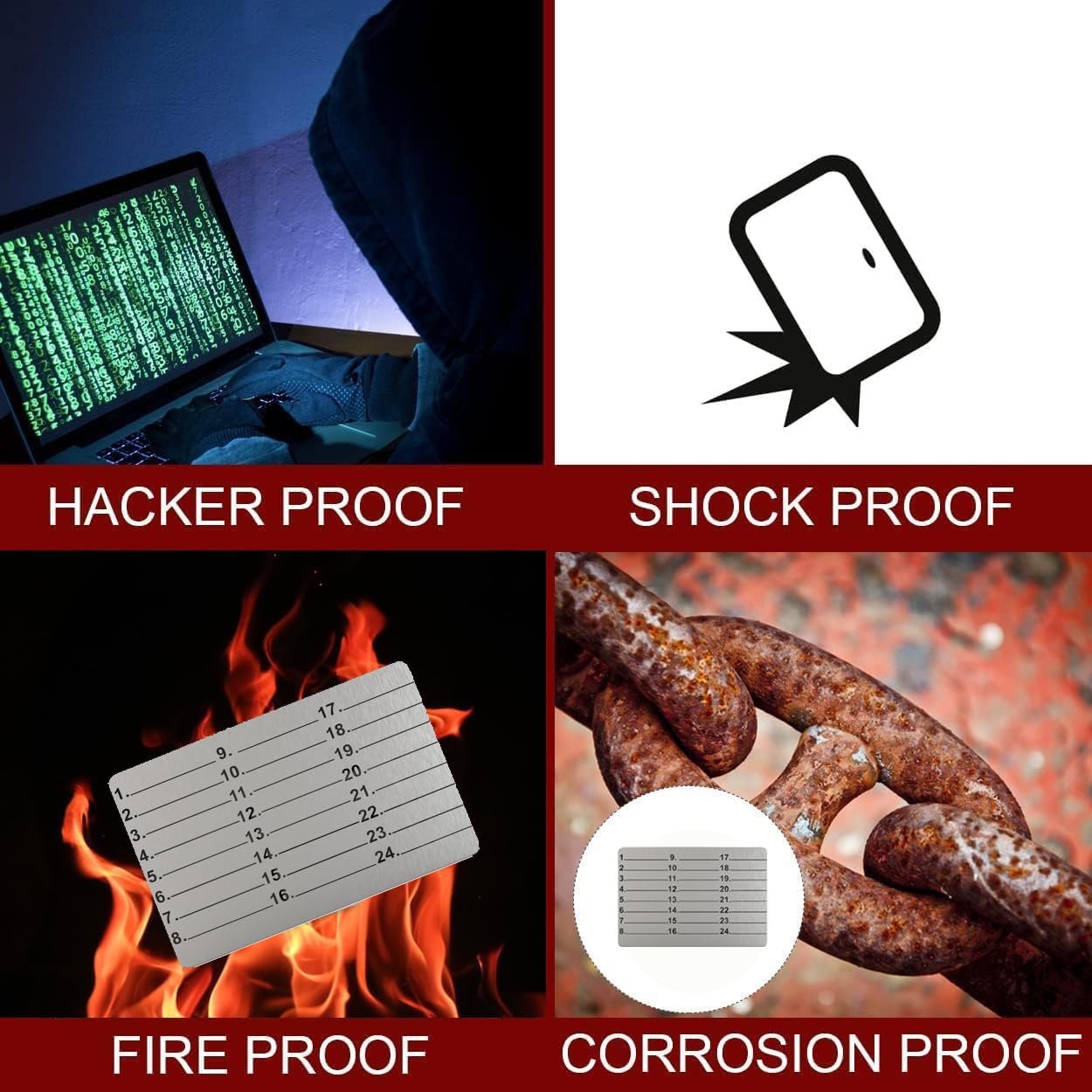 Almacenamiento de semillas criptográficas de titanio frío grabado con láser de placa de metal billetera frase Kit de recuperación de palabras con bolígrafo de grabado manual
