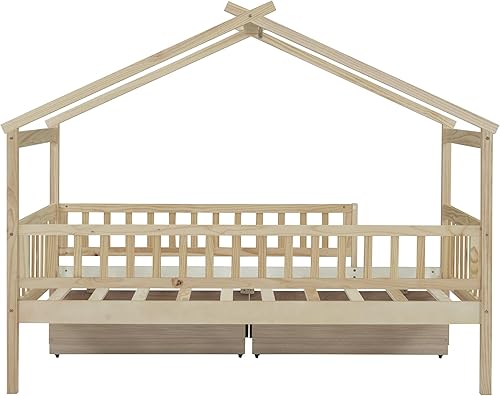 Miniatura 6 de Cama de casa de tamaño individual con 2 cajones, marco de cama de madera y barandilla de seguridad. Ahorra espacio, ideal para el dormitorio de un