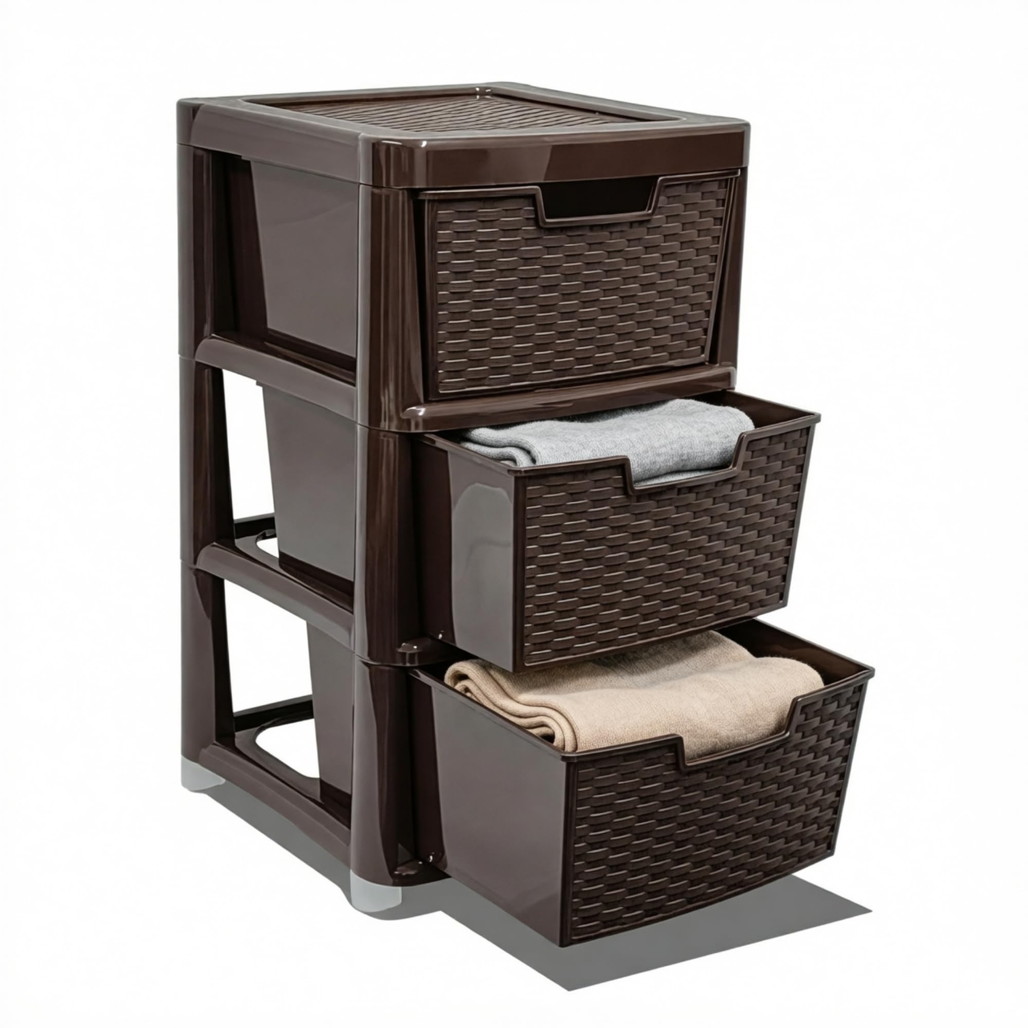 KYY'Z - Large Plastic Rattan Storage Drawers Unit with Deep Pull-Out Baskets - Durable Multipurpose Cabinet Organizer for Home Office, Bedroom, Bathroom, Garage, Utility Room (Chocolate Brown, 3 Tier)