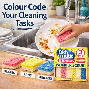 6 x Dishmatic Wonder Scrub Sponge Scourers – Non Scratch Multi-Purpose Cleaning Sponges – Dual Action Kitchen & Dish Washing Scourer Pads for Pots, Pans & Surfaces