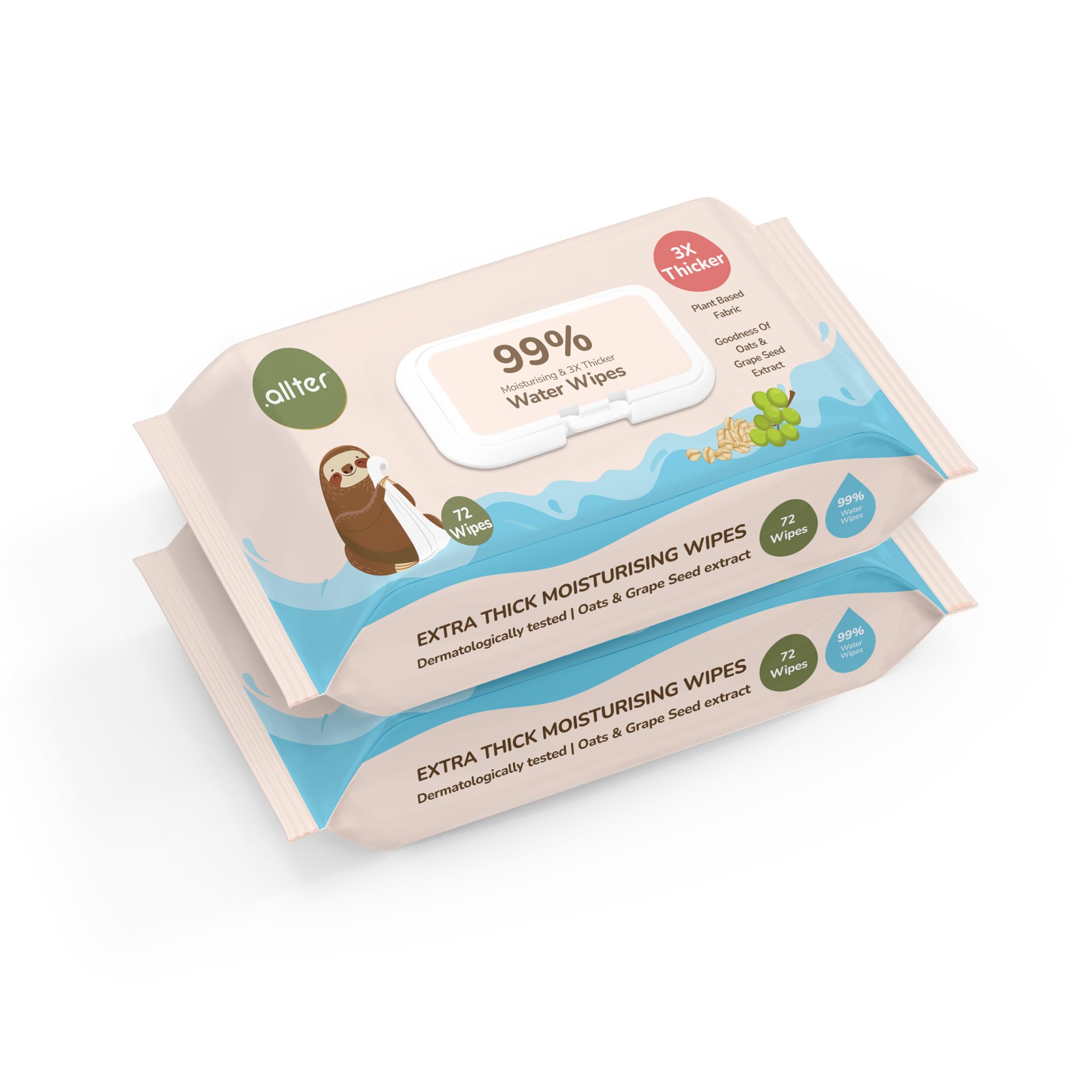 .allter 99% Water Baby Wipes, Pack of 2 (144 wipes)- Unscented, 2X Softer, Plant based, Extra thick, Vitamin E and Aloe vera extract