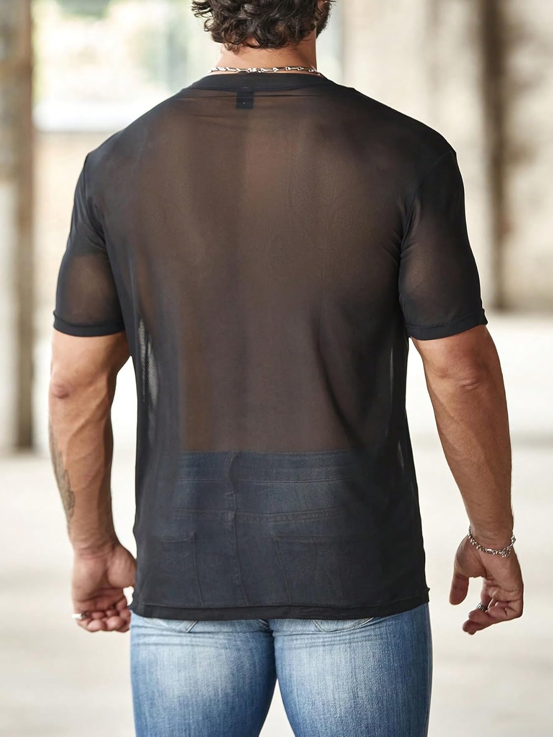 OYOANGLE Men's Sheer Mesh Short Sleeve Round Neck T Shirts Solid Plain See Through Party Tops - Image 2