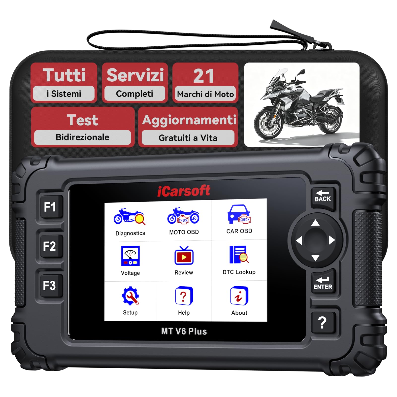 iCarsoft MT V6 Plus Strumento Diagnostico per Moto, Diagnosi Moto Universal, Lettore di Codice Tutti i Sistemi, Servizi Completi, Scansione Automatica, Diagnostica OBD per Auto e Motocicletta