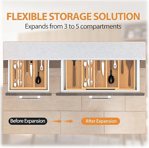 Miniatura 5 de Organizador de cajones de cocina expandible de bambú, 13 a 23 pulgadas, bandeja ajustable para utensilios y cubiertos, organizador de cajones de