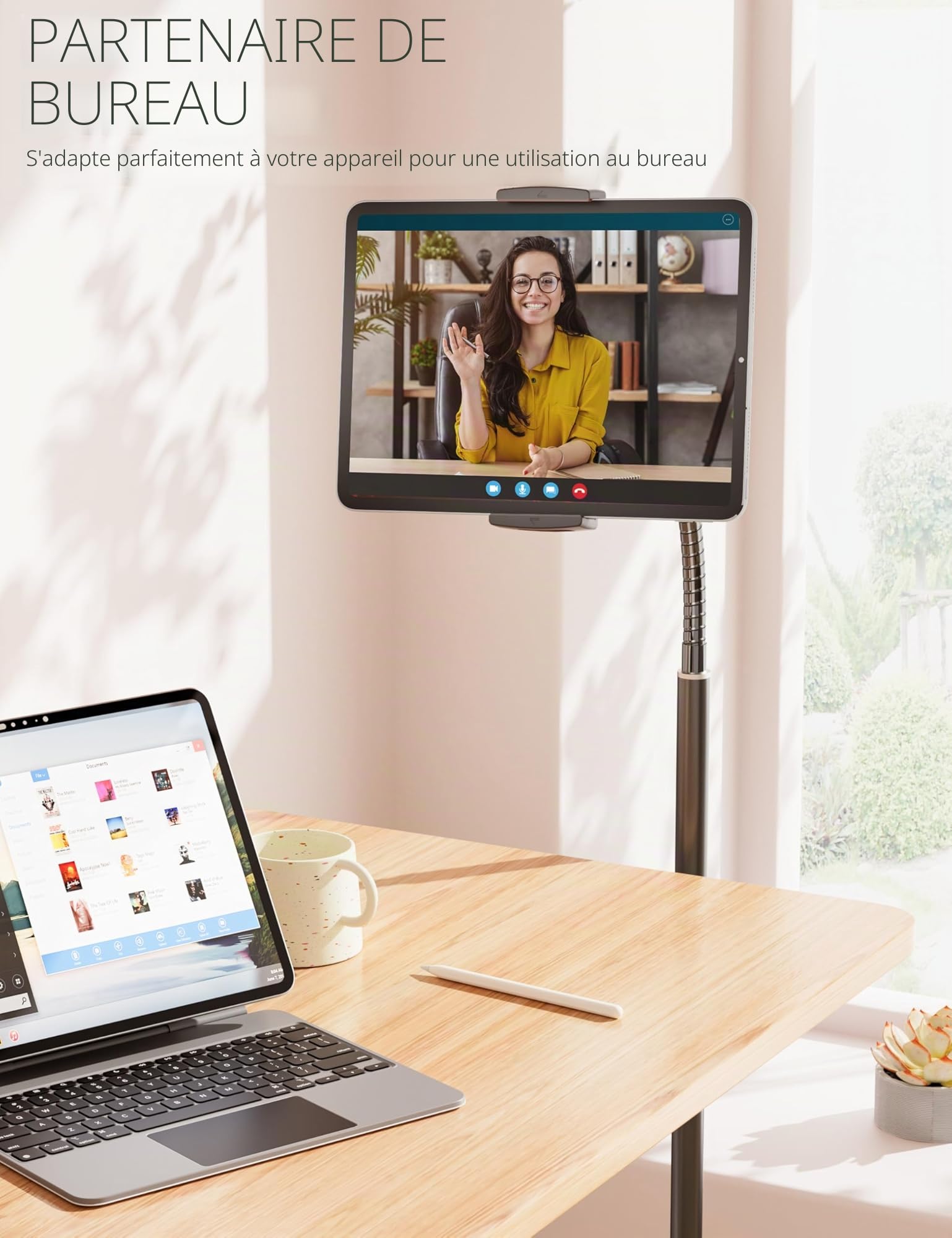 LanPavilion Support iPad, Support de Sol réglable en métal, avec col de Cygne Flexible,Compatible iPad/Kindle/téléphones (4.7''-13''), idéal pour Films en Mains Libres.
