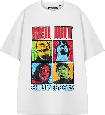 Vanilla Underground Red Hot Chili Peppers Unisex White Squares Graphic Tee | Retro Short-Sleeved T-Shirt