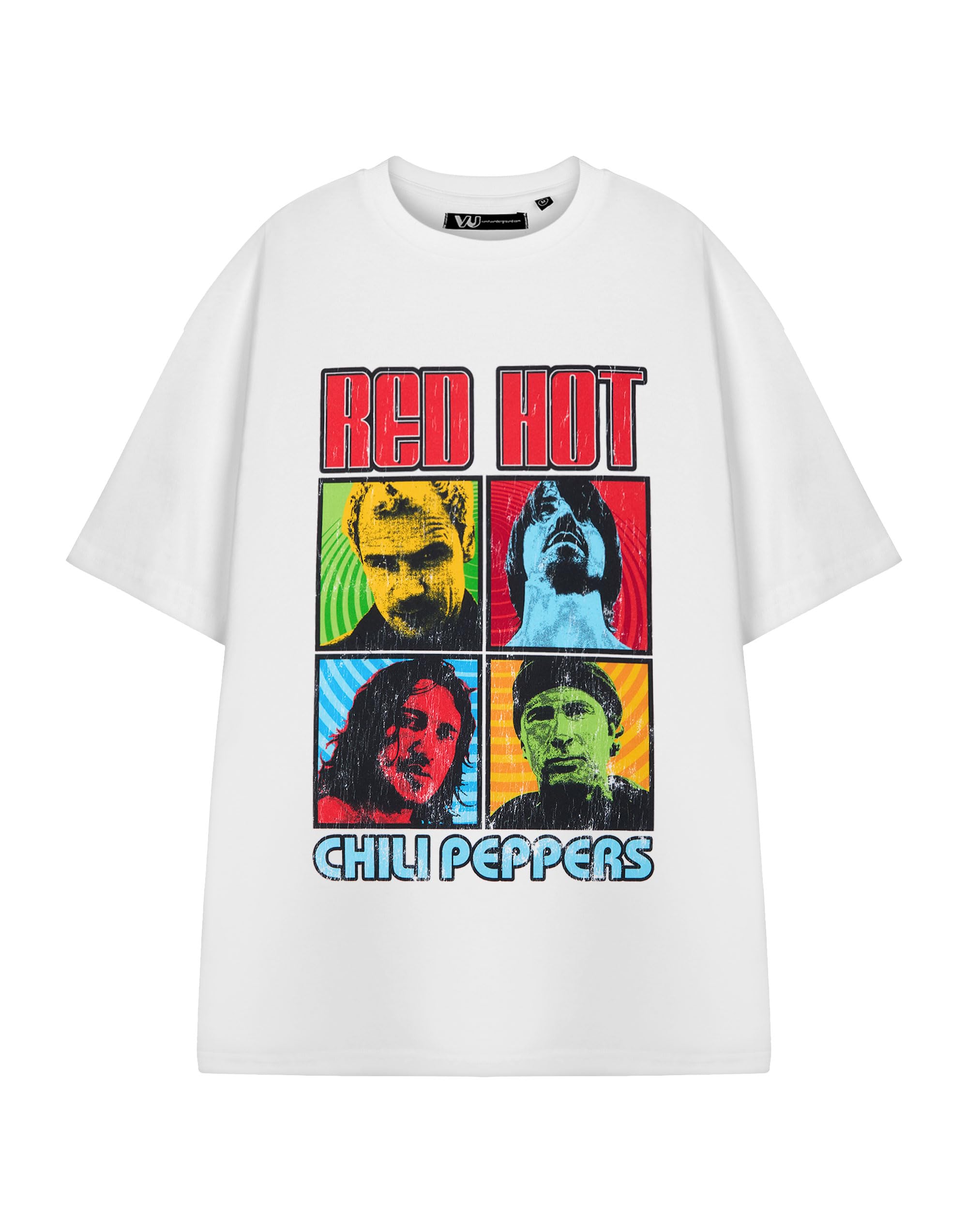 Vanilla Underground Unisex White Red Hot Chili Peppers Squares Graphic Tee | Retro Short-Sleeved T-Shirt | Rock Band Logo Print Alternative Rock Apparel For Men Women