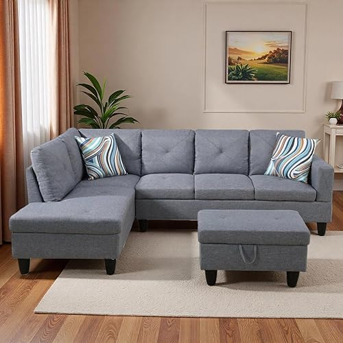 Vista 13 de Sofá modular de cuero en forma de L de 3 piezas – Sofá modular convertible con diván móvil y otomana de almacenamiento, uso multiescenario para sala