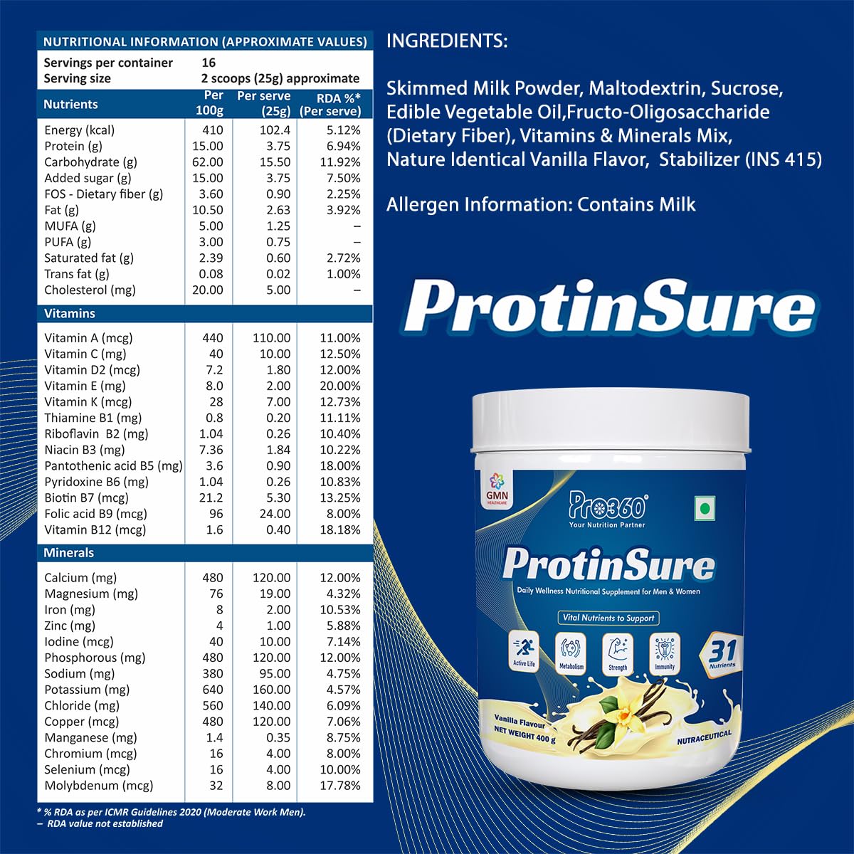 Pro360 ProtinSure Protein Powder Nutritional Supplement for Daily Wellness for Men and Women - Vanilla flavour 400g — Amazon image 5
