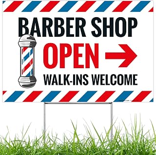 Barber Shop Open Walk In Welcome Arrow Sign, Double Sided 12x18 Inches, Corrugated Plastic with Metal H Stake, Made in USA by Sigo Signs