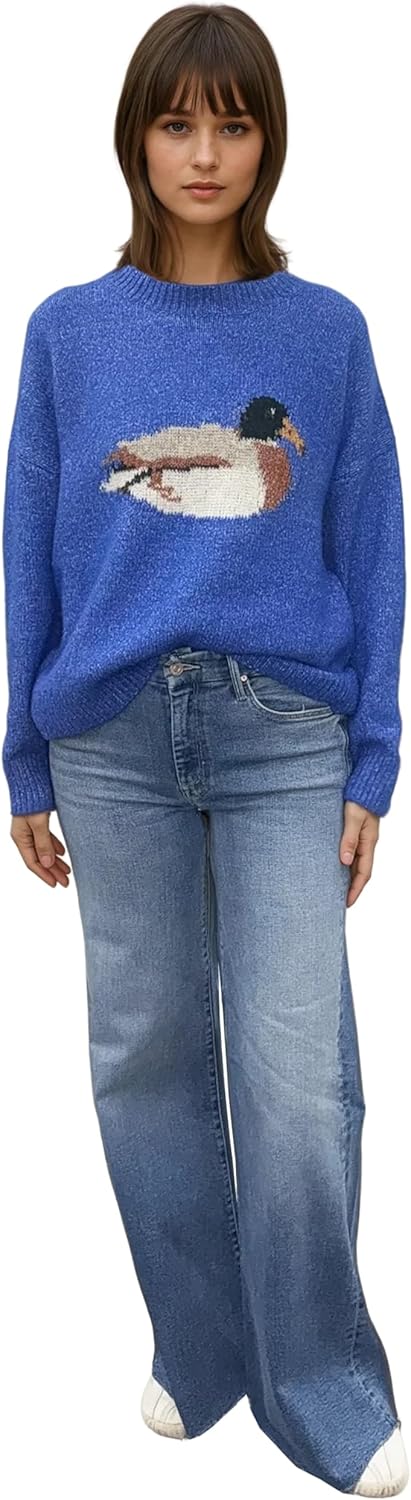 Women's Animal Graphic Knit Sweater - Horse Duck Trout Pullover - Soft Oversized Crewneck Novelty Sweater