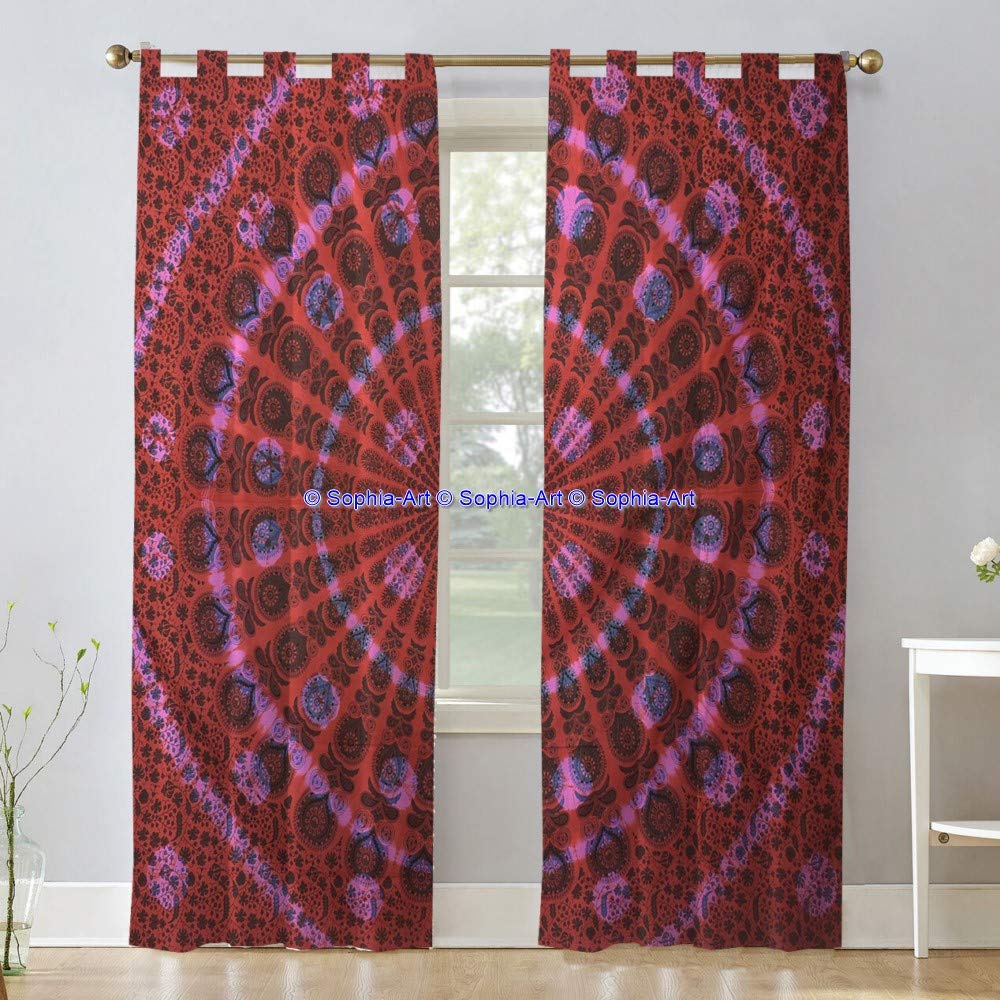 Sophia-Art Set di tende e mantovana con stampa mandala, motivo elefante indiano, arancione indiano, drappeggio, balcone, decorazione per la stanza, stile bohémien, set hippy