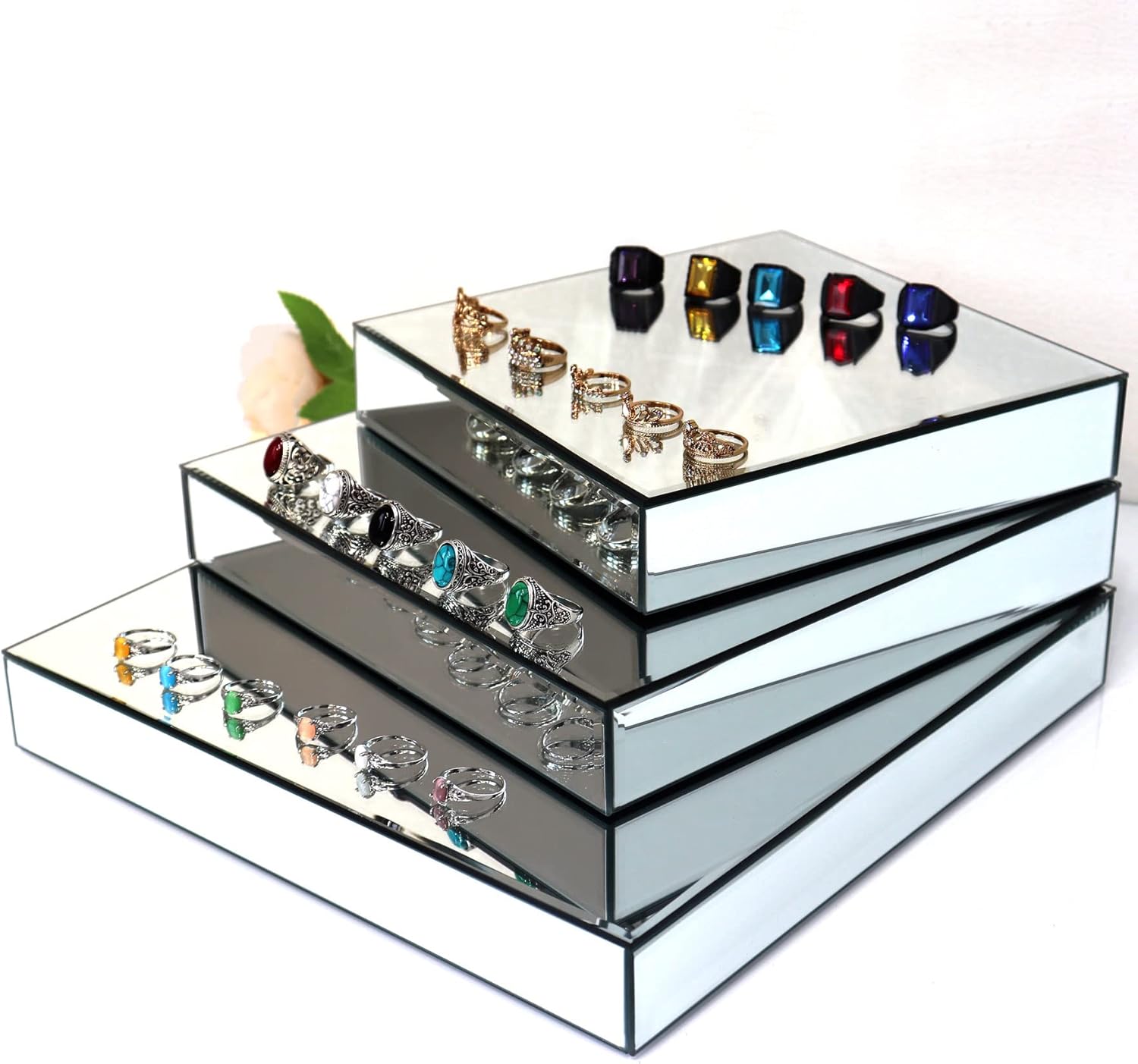 GIMORRTO Mirror Display Riser Stands 3 Set, Glam Accent Table Display Platform for Decorative Pieces, Mirrored Showpeice 3Pack, Centerpiece Displayer (Square 3PC)