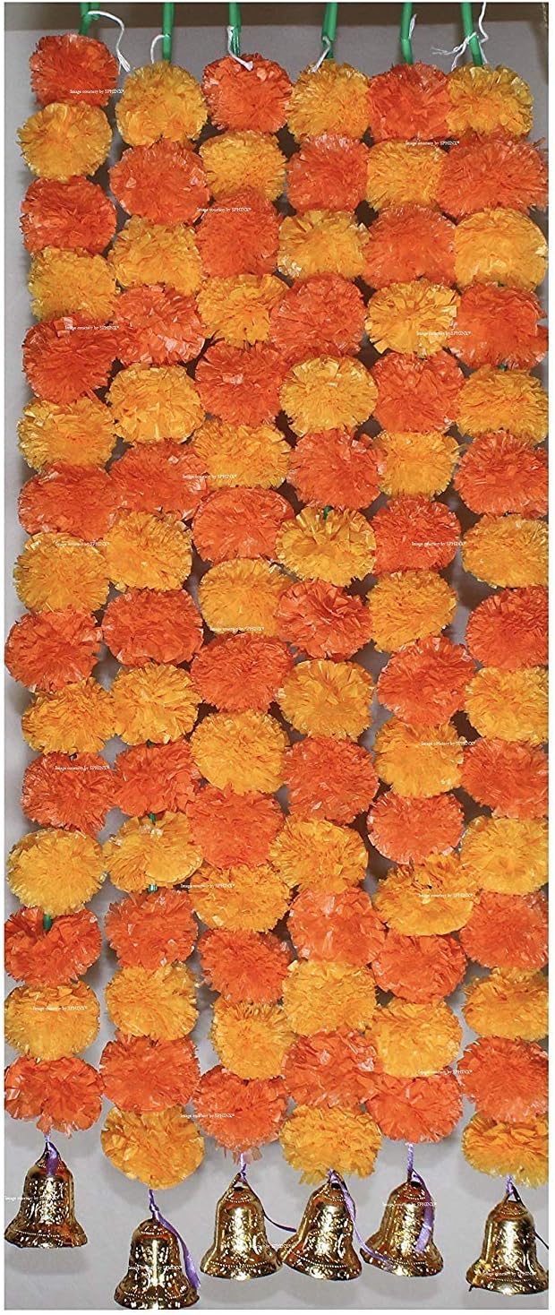 SPHINX Artificial Marigold Fluffy Flowers and Hanging Bells Garlands 2.5 feet (Light & Dark Orange, 6 Pieces)