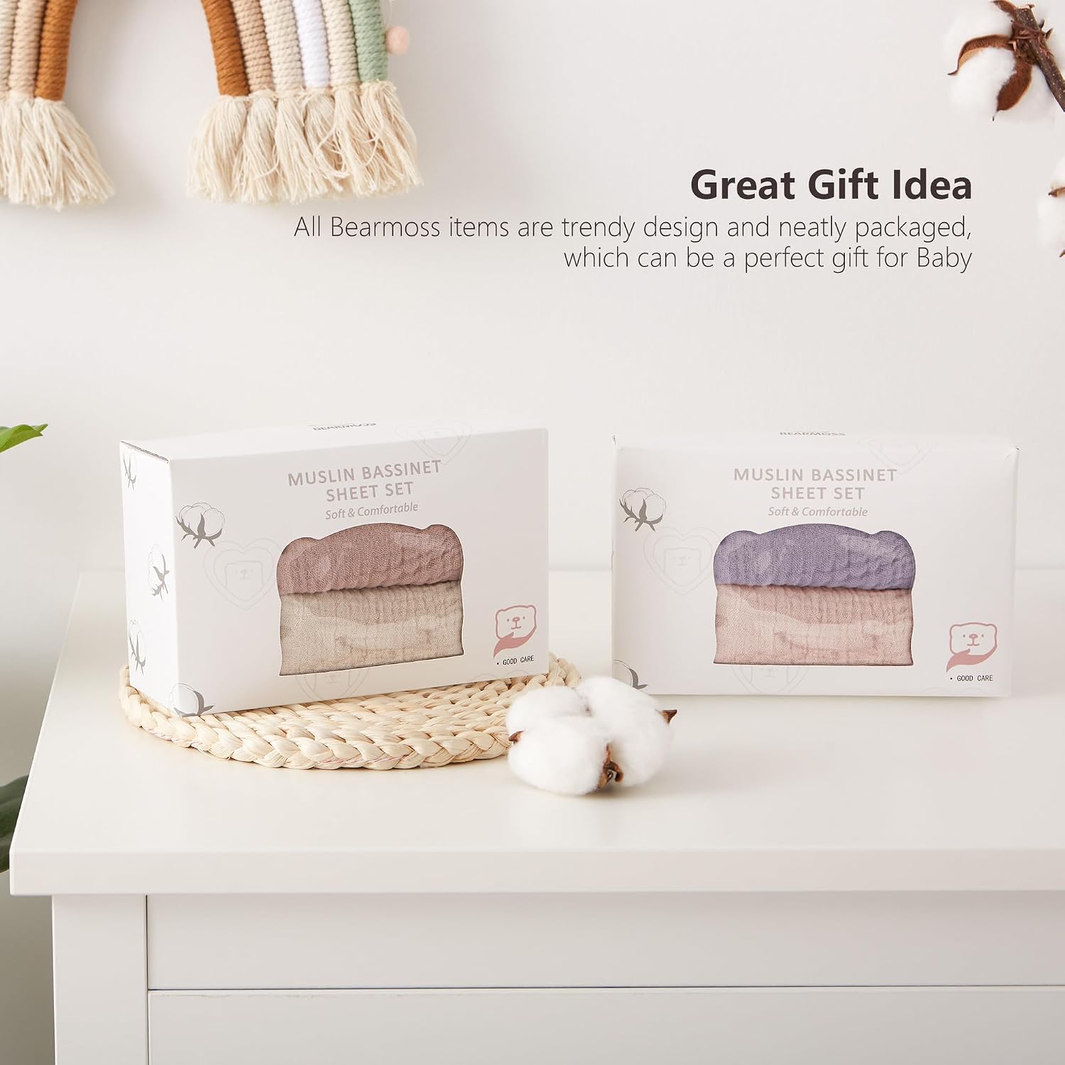 Bearmoss 2-Pack Baby Bassinet Sheets for Girls, Boys-100% Cotton Bassinet Mattress Sheets Compatible with Bassinest Swivel Sleeper, Muslin Bedside Sleeper Rectangle Cradle Pad Sheets 33"x17"