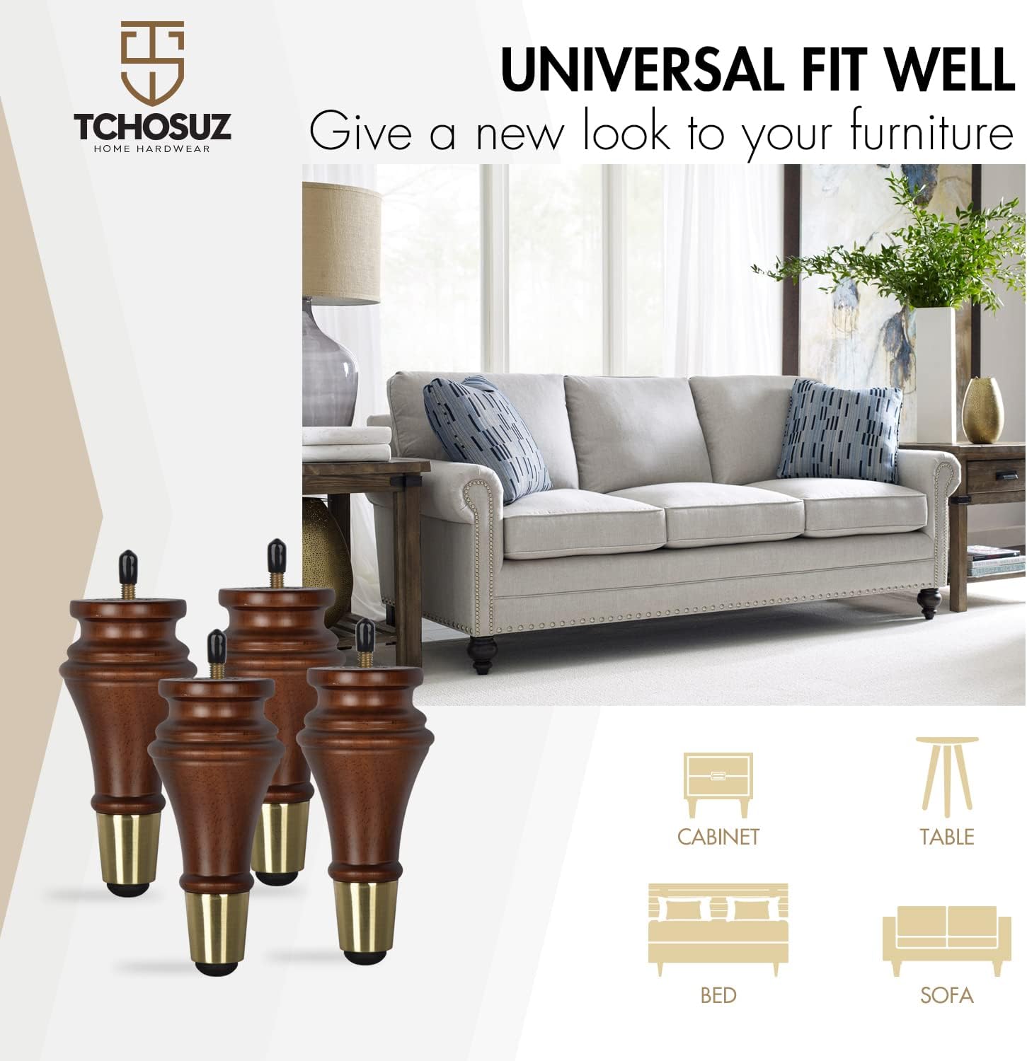7 Inch Wooden Furniture Legs (18cm) - Set of 4 Solid Hardwood Replacement Feet for Sofa, Couch, Chair, Ottoman, Dresser, Cabinet, Coffee Table - M8 Predrilled Screw Holes - Walnut
