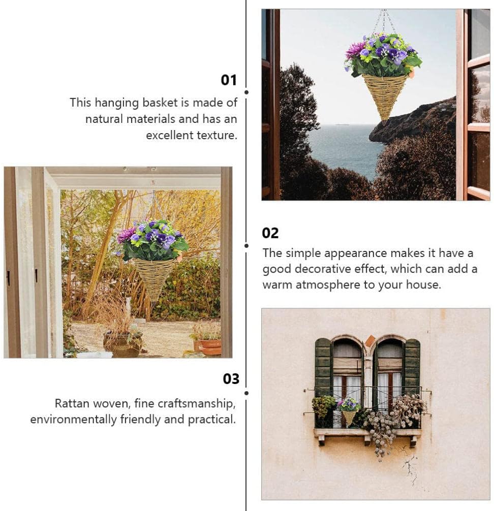 DOITOOL 2PCS Rattan Hanging Planter Baskets Cone Shaped Plant Flower Pot Farmhouse Wall Flower Basket Wicker Ceiling Plant Pot for Indoor Outdoor Garden Balcony Decor