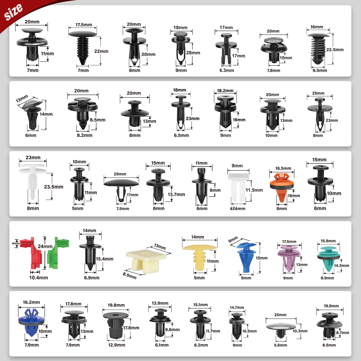 Nilight 1295-teiliges Auto-Halterungs-Clips, Auto-Befestigungs-Set, 37 Größen, Nylon, Stoßstangen-Nieten mit 5 Befestigungselementen, Entferner, 10 Kabelbinder für Toyota GM, Ford, Honda, Chevy, BMW,