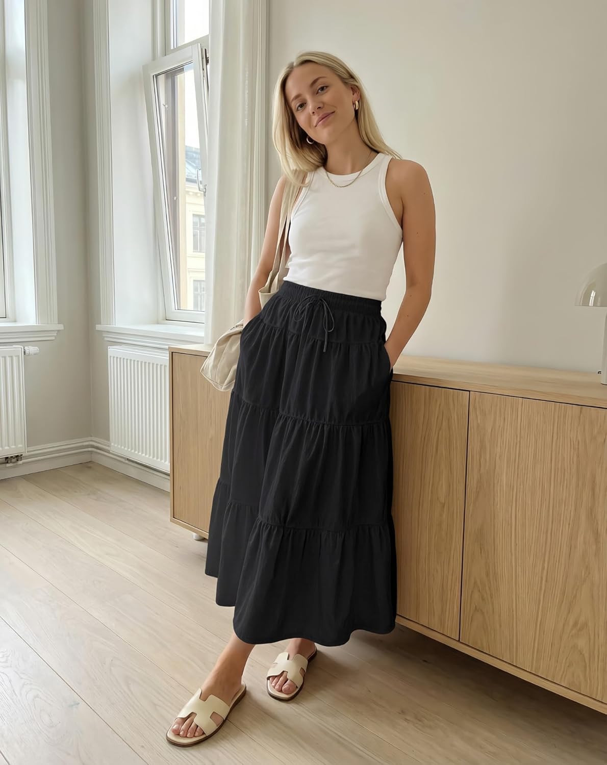 SEMARO Summer Maxi Skirts for Women Tiered A-Line Boho Flowy Long Skirts High Waist Beach Dress with Pockets - Image 3