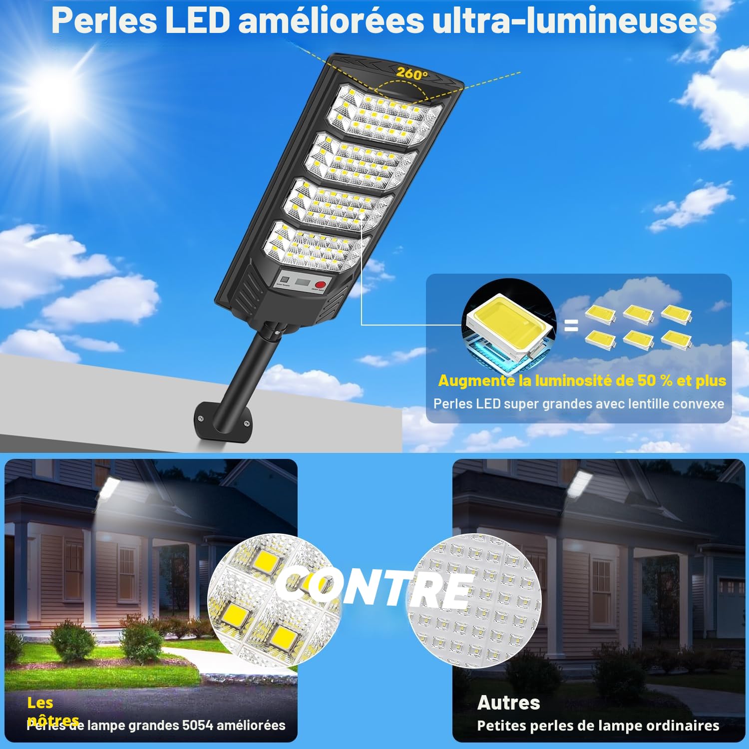 600W Lampadaires solaires extérieurs, Projecteur LED solaire 6500K, IP66 étanche eclairage solaire avec détecteur de mouvement et télécommande, lumières de sécurité lampadaire de jardin garage