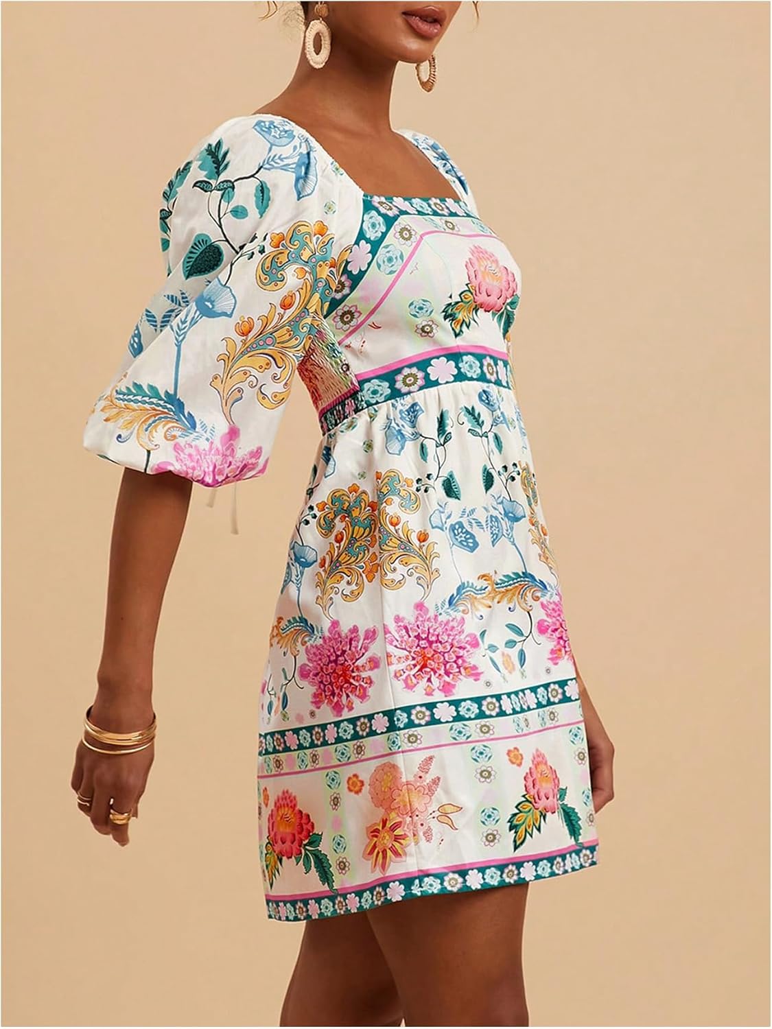 Floerns Women's Floral Tie Back Puff Sleeve A Line Dress Square Neck Boho Dresses - Image 4