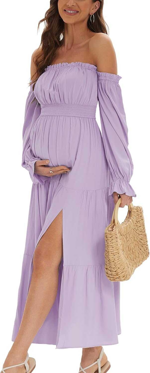 Summer Boho Off Shoulder Maternity Dresses, Long Sleeve Side Split Flowy Tiered Maxi Dress for Baby Shower Photoshoot Dress Purple M - Image 5