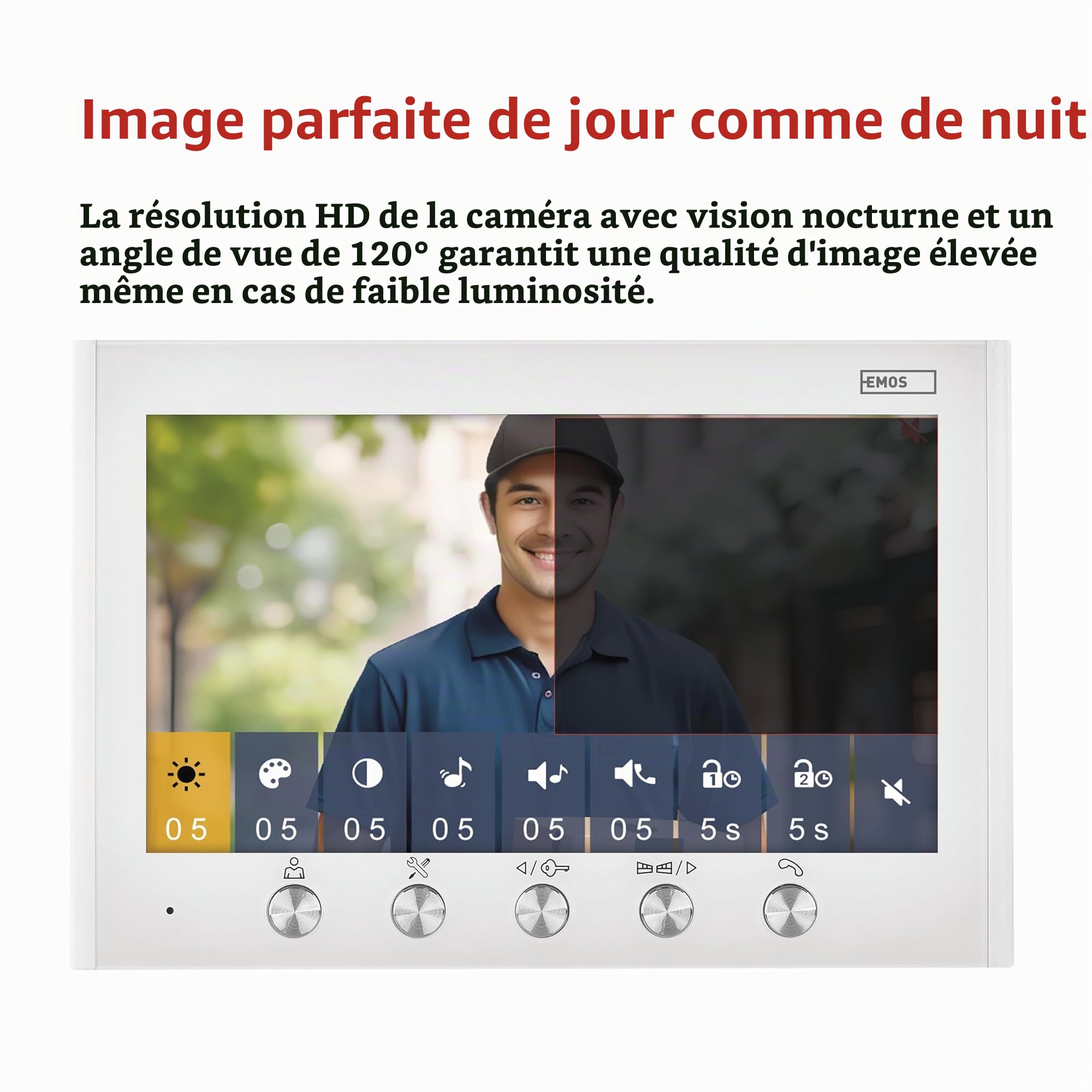 EMOS - Interphone vidéo, version 2 fils - Sonnette vidéo HD 720p - Caméra étanche avec vision nocturne, moniteur avec écran couleur de 7" - Installation facile avec bloc d'alimentation - Blanc/argenté