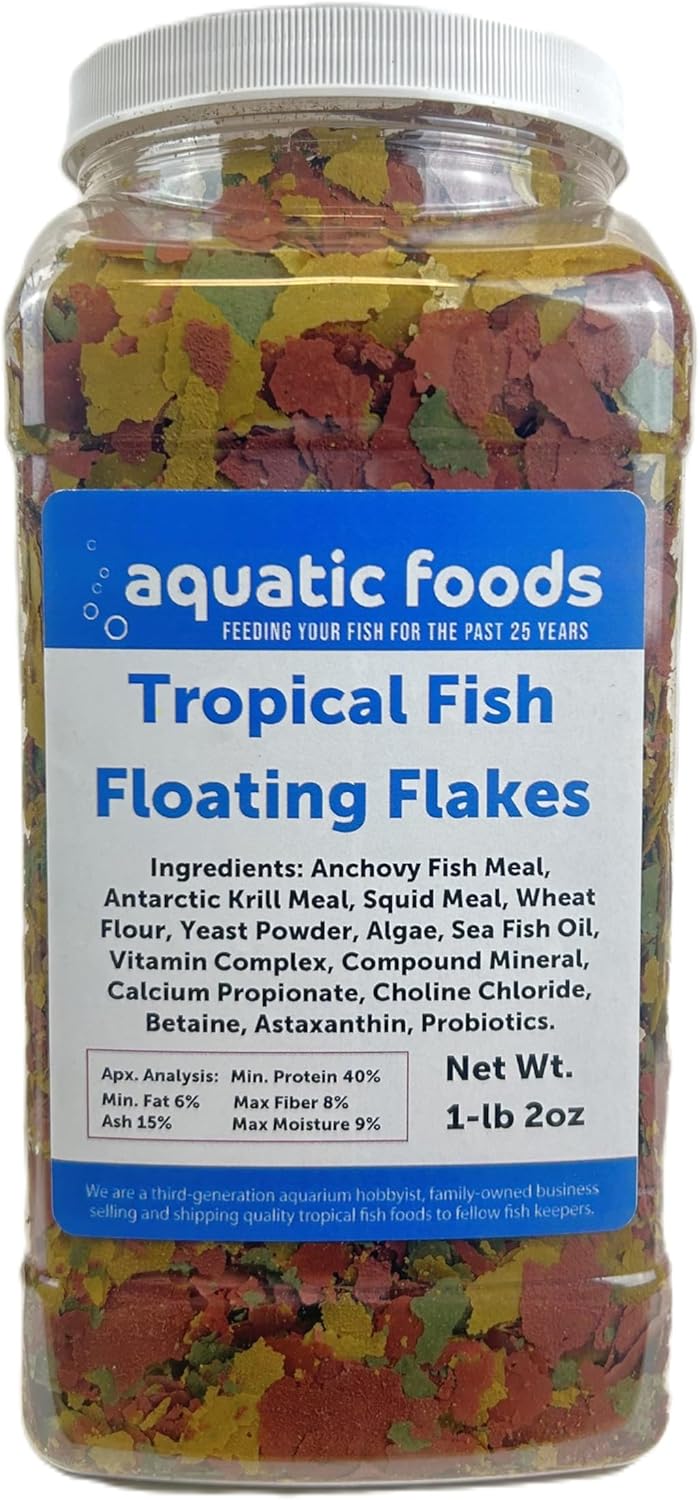 Aquatic Foods Inc. Tropical Fish Premium Flakes for All Community Tropical Fish, Cichlids and Pond Fish. Aquatic Foods Premium Flakes…1-lb 2oz Lg Jar